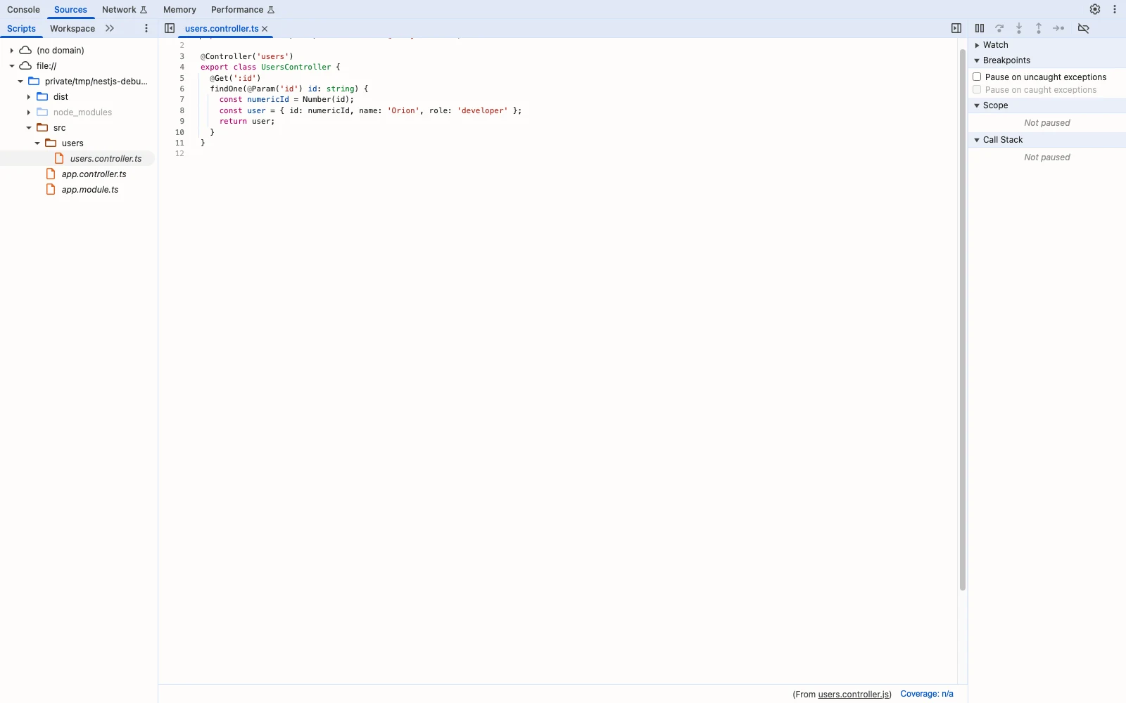 Chrome Node DevTools 中真实展开的 src/users/users.controller.ts