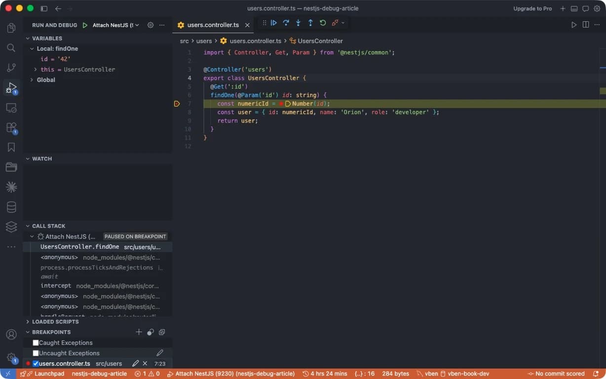 Cursor 命中 users.controller.ts 断点,Variables 显示 id,Call Stack 显示 findOne