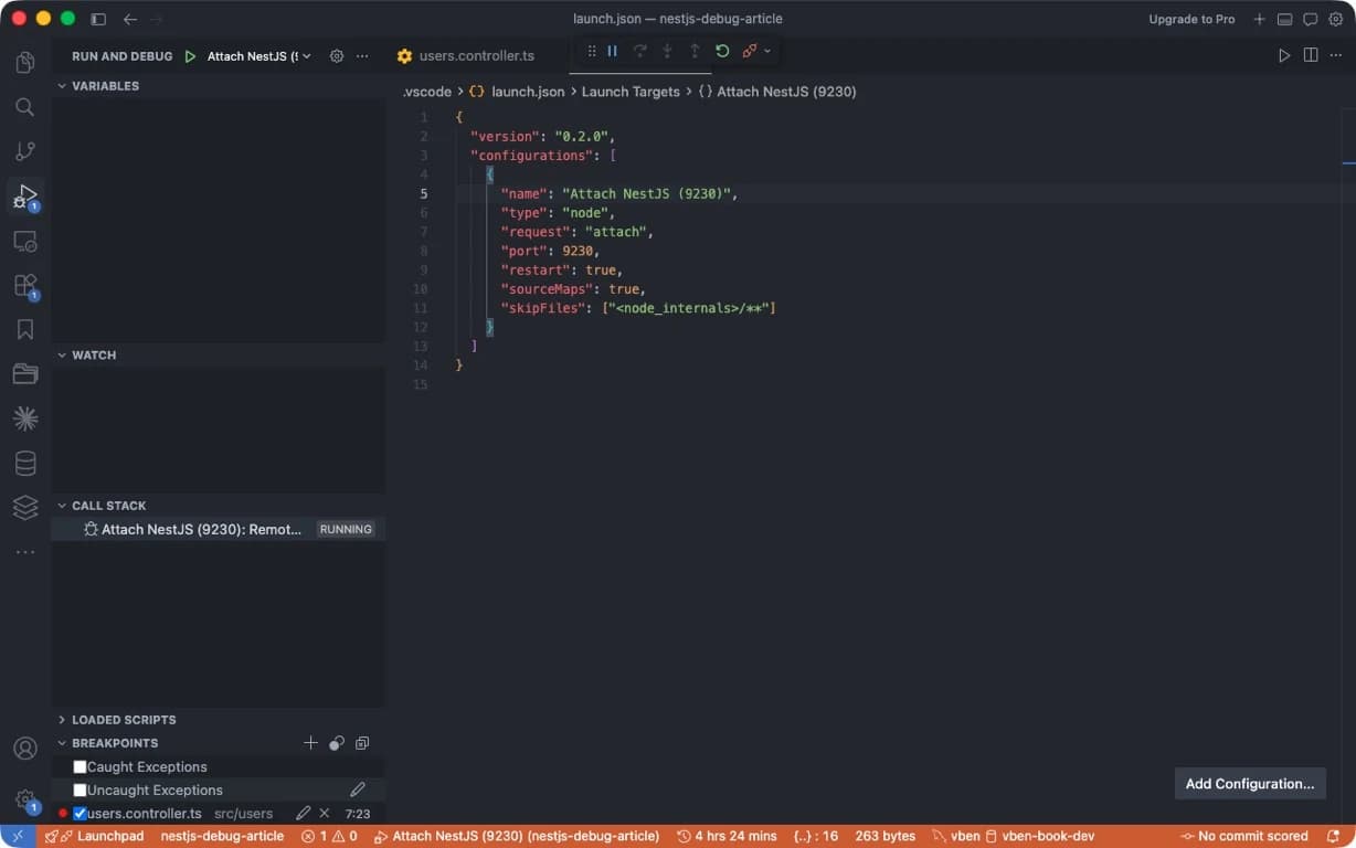 Cursor 中连接真实 NestJS 9230 Inspector 的 launch.json